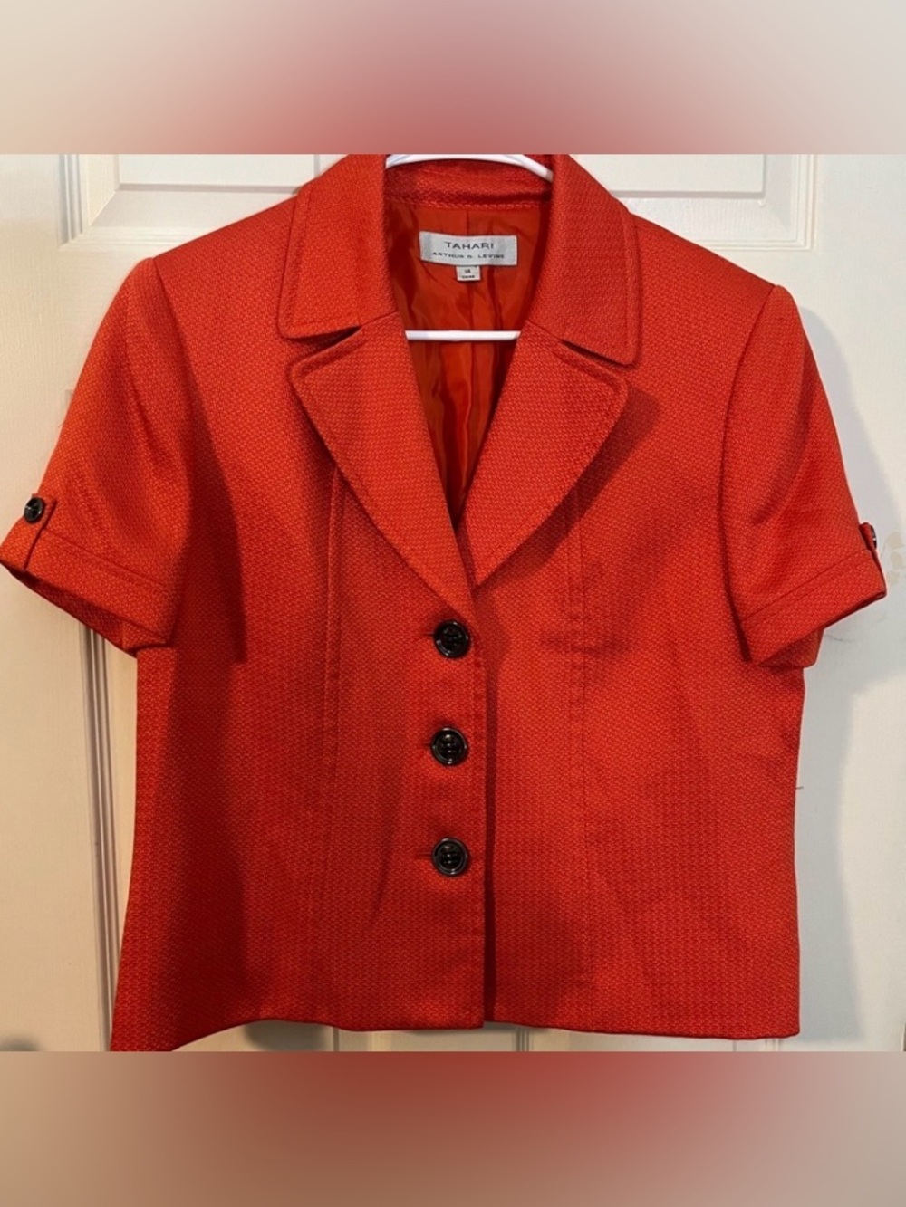 Tahari Short Sleeve Textured Blazer in Orange-Red